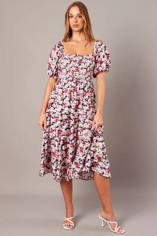 Blue Floral Midi Dress Puff Sleeve Shirred Bust