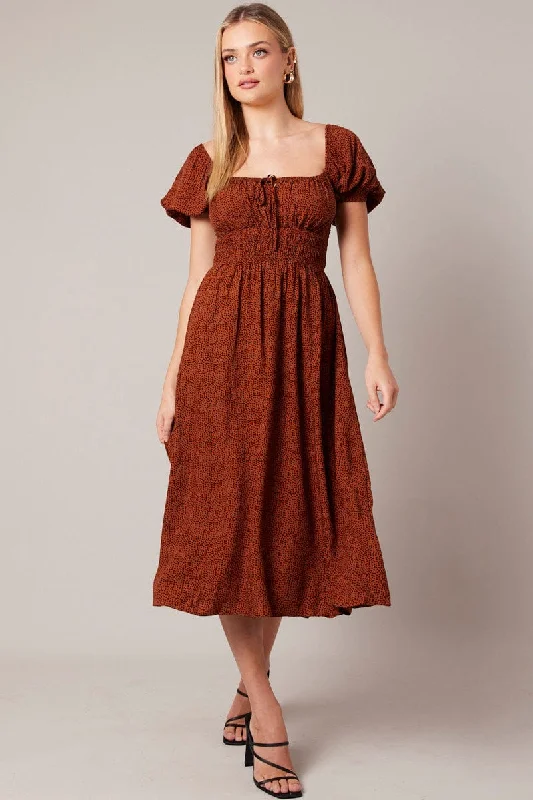 Brown Geo Midi Dress Short Sleeve Ruched Bust