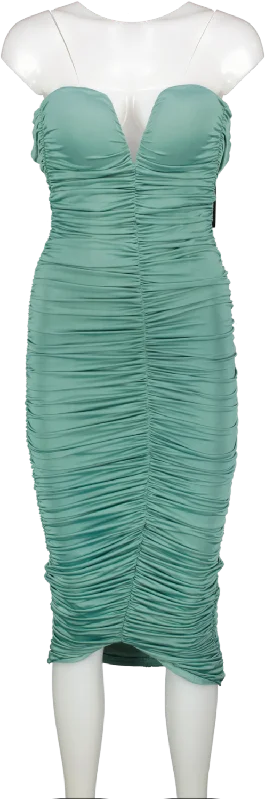 Fashion Nova Green Ruched Everywhere Midi Dress UK 4