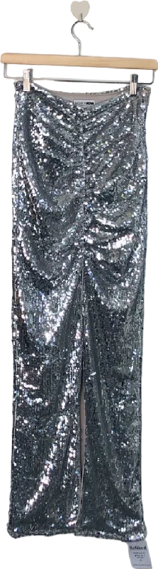 Fashion Nova Silver Sequin Ruched Midi Skirt XS