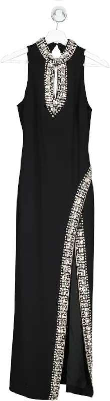 Karen Millen Black Crystal Embellished Woven Thigh Split Midi Dress UK 6