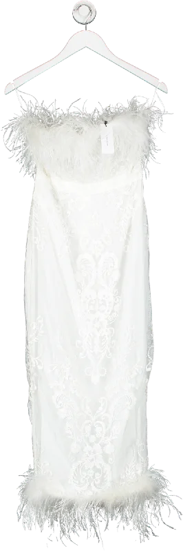 Karen Millen White Graphic Embroidered Mesh Feather Woven Midi Dress UK 8