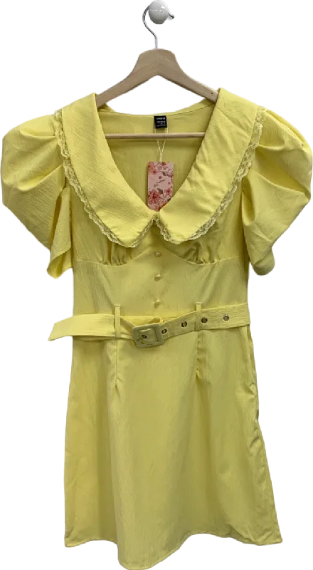 Yellow Belted Puff Sleeve Midi Dress UK S