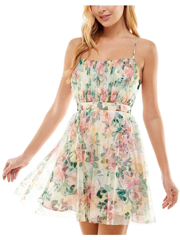 Juniors Emma Womens Floral Mini Fit & Flare Dress