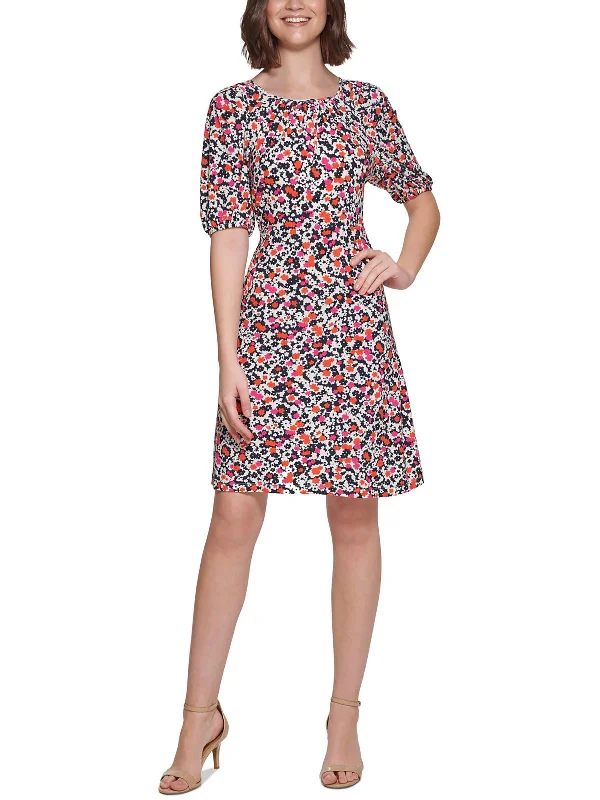 Petites Womens Floral Print Mini Fit & Flare Dress