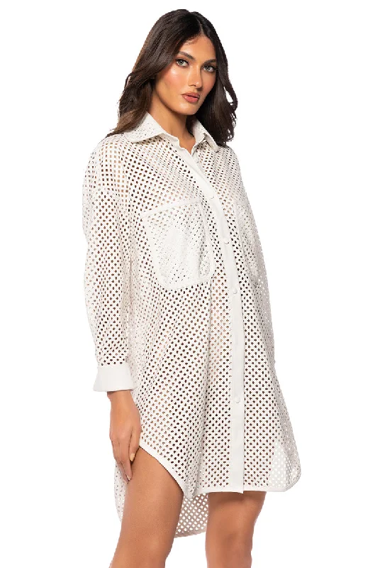 PICNIC MODE LASER CUT FAUX LEATHER BUTTON DOWN MINI DRESS IN WHITE