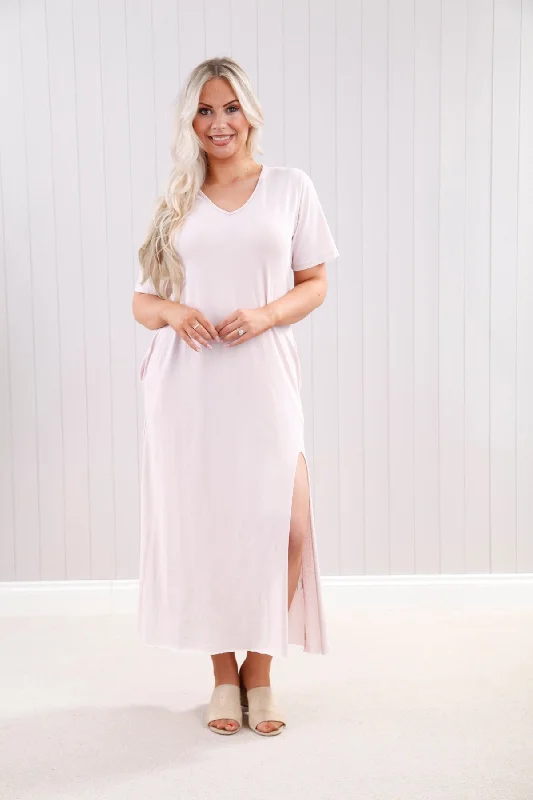 Pink V Neck Maxi T Shirt Dress