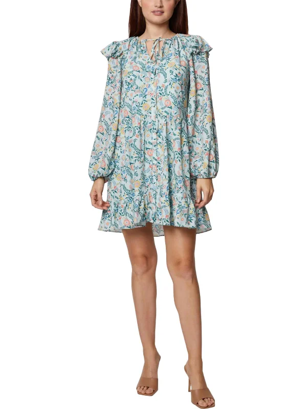 Womens Floral Tie Neck Mini Dress