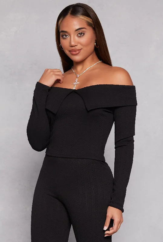 Textured Knit Off the Shoulder Long Sleeve Top