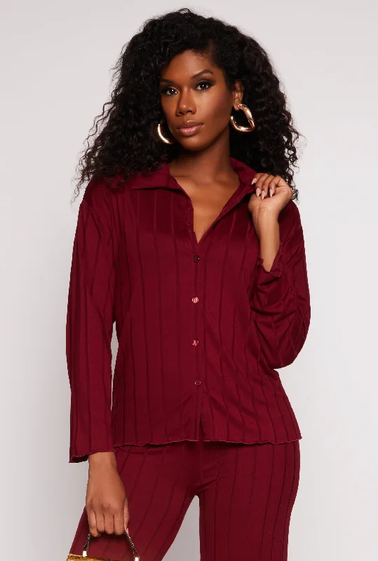 Ribbed Button Front Long Sleeve Shirt