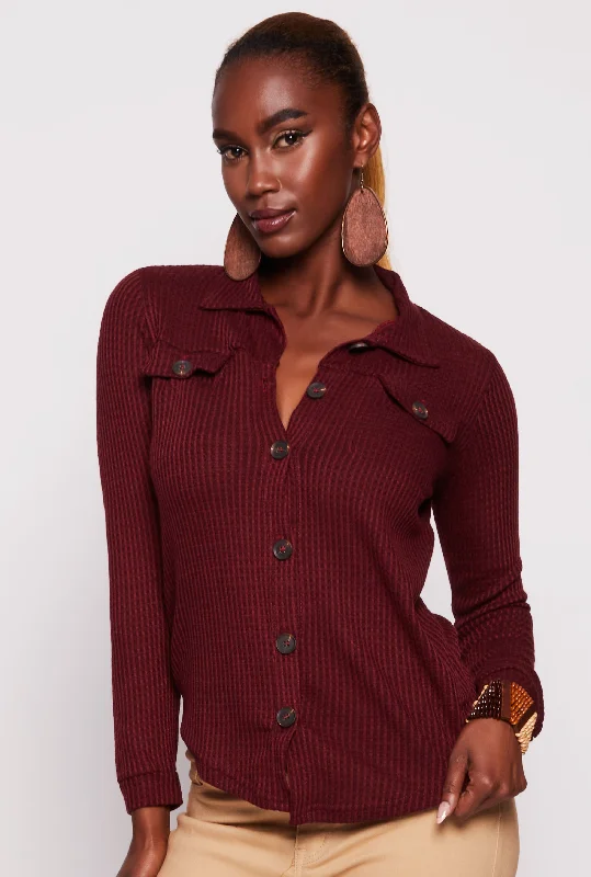 Waffle Knit Button Front Top