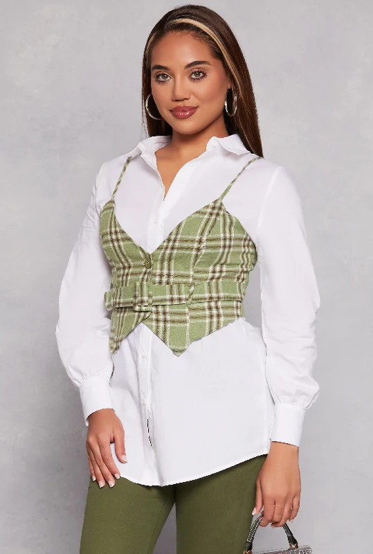 Haute Monde Long Sleeve Shirt with Plaid Vest