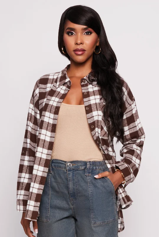 Tabbed Sleeve Plaid Flannel Shirt