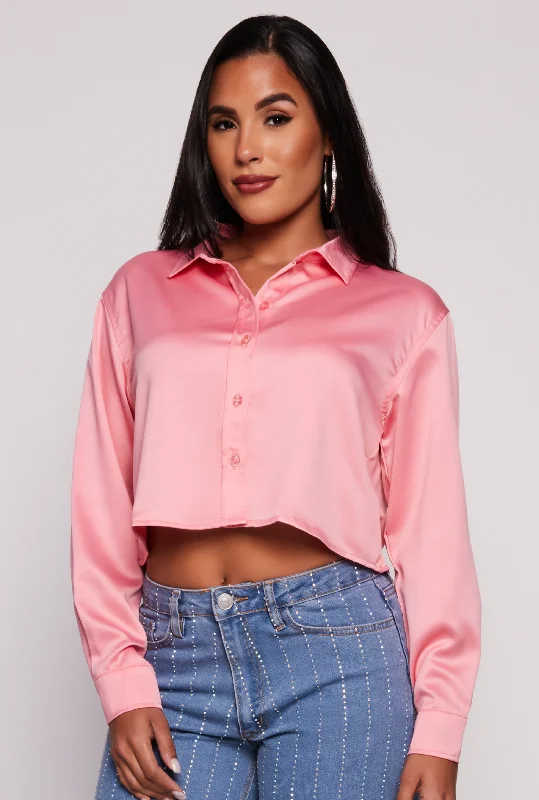 Iris Satin Button Front Cropped Blouse