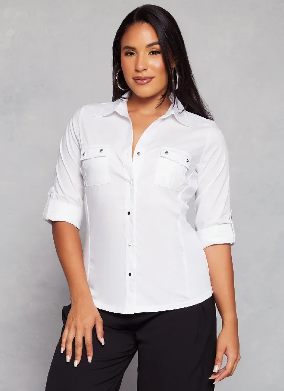 Poplin Tabbed Sleeve Metallic Button Front Shirt