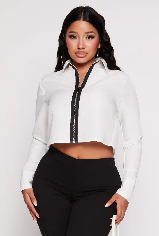 Solid Zip Front Cropped Shirt