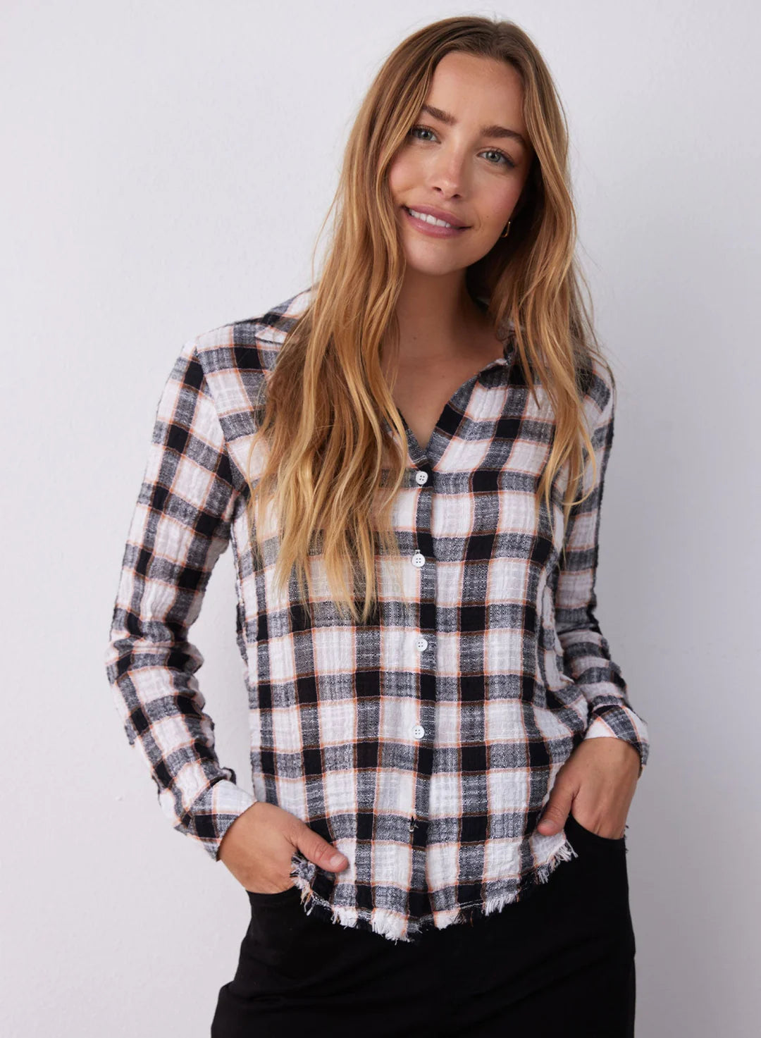 Frayed Hem Button Down - Black & White Check