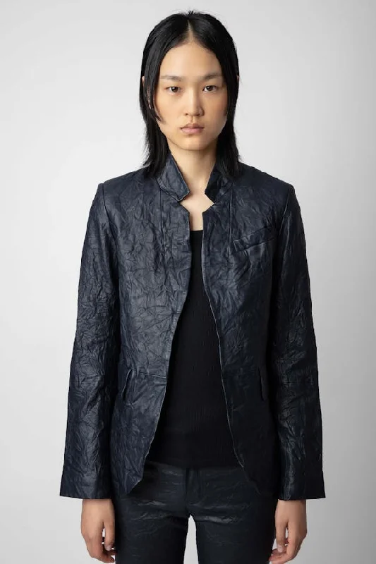 Very Crinkled Leather Blazer - Encre