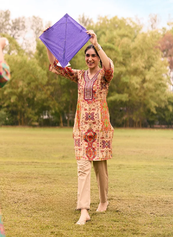 Abeera Beige Printed Chanderi Straight Mirror Work Kurta