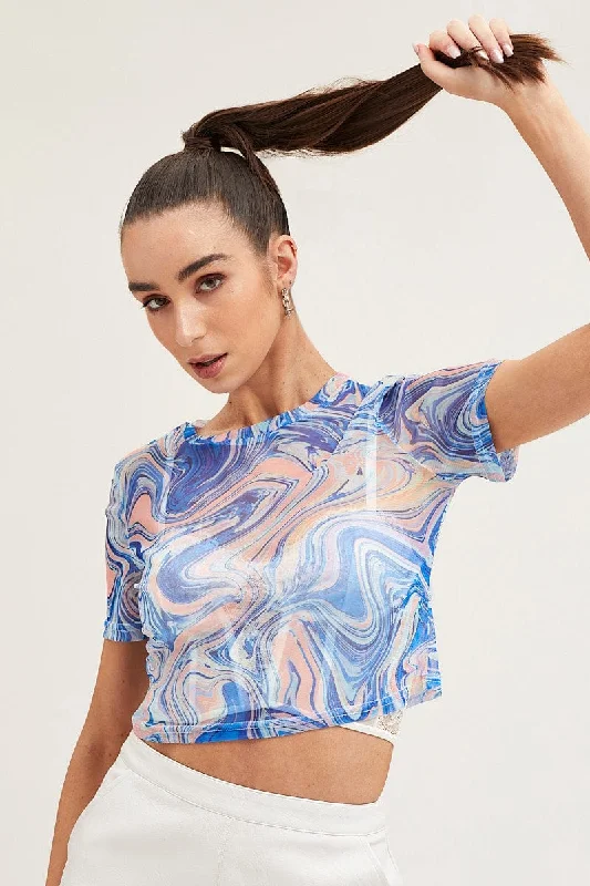 Abstract Print Mesh Short Sleeve Crop Top