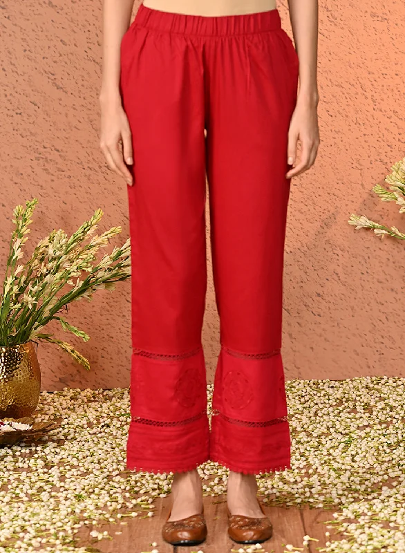 Navya Blood Red Embroidered Relaxed Fit Palazzo Pants for Women