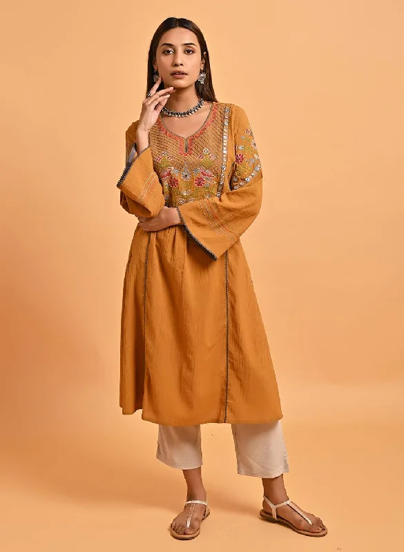 Spicy Mustard Embroidered A-Line Long Kurta