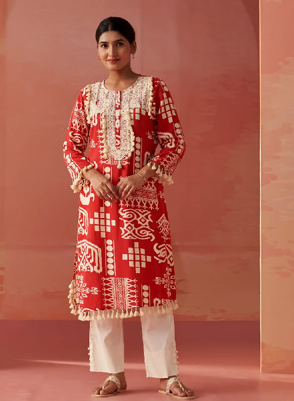 Ravleen Red Printed Long Rayon Kurta