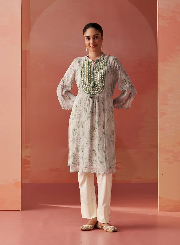 Sana Mint Green Printed Chiffon Embroidered Straight Kurti