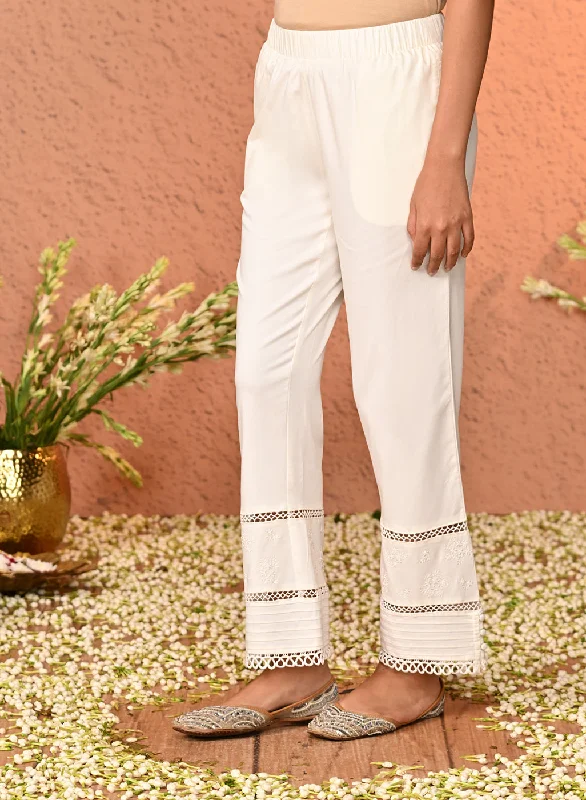 Ira White Embroidered Relaxed Fit Palazzo Pants for Women