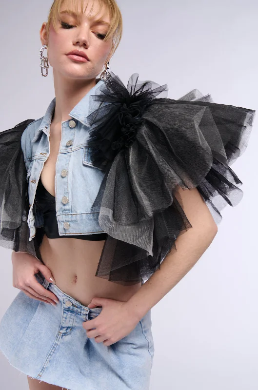 BEBE LUXE TULLE SHOULDER CROPPED DENIM VEST