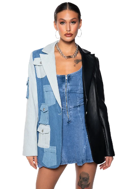 DO WHAT YOU DO HALF DENIM HALF PU BLAZER