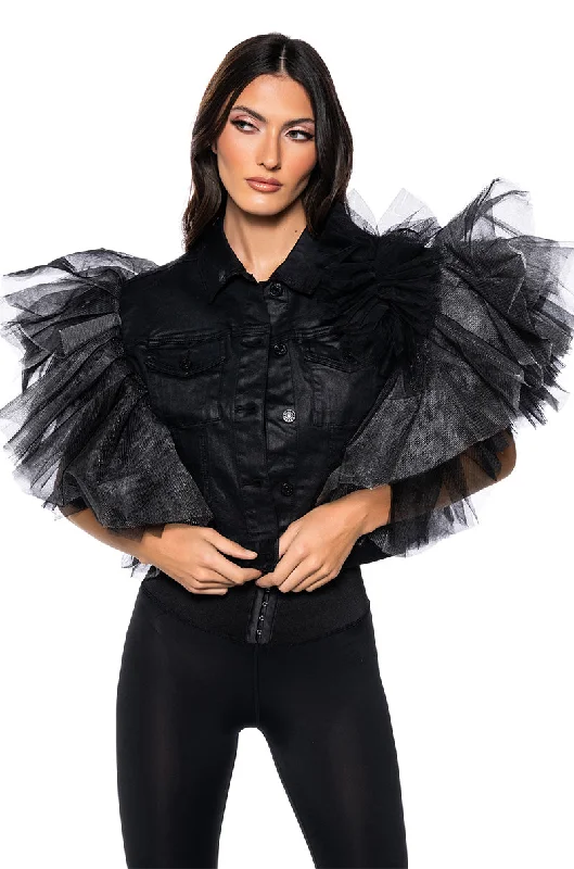 ON REPEAT TULLE SHOULDER VEST IN BLACK PU